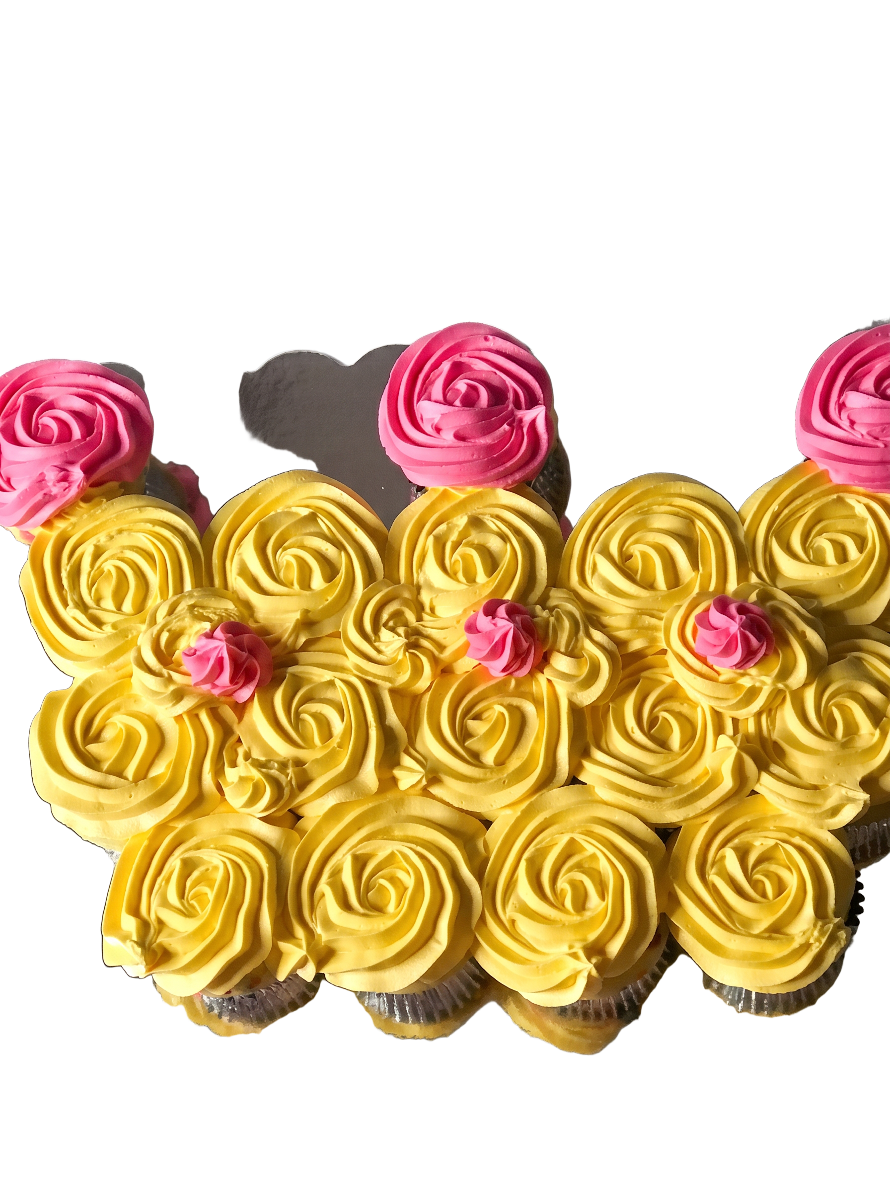 Yellow and pink rosette cupcake pull-apart in a dress shape
