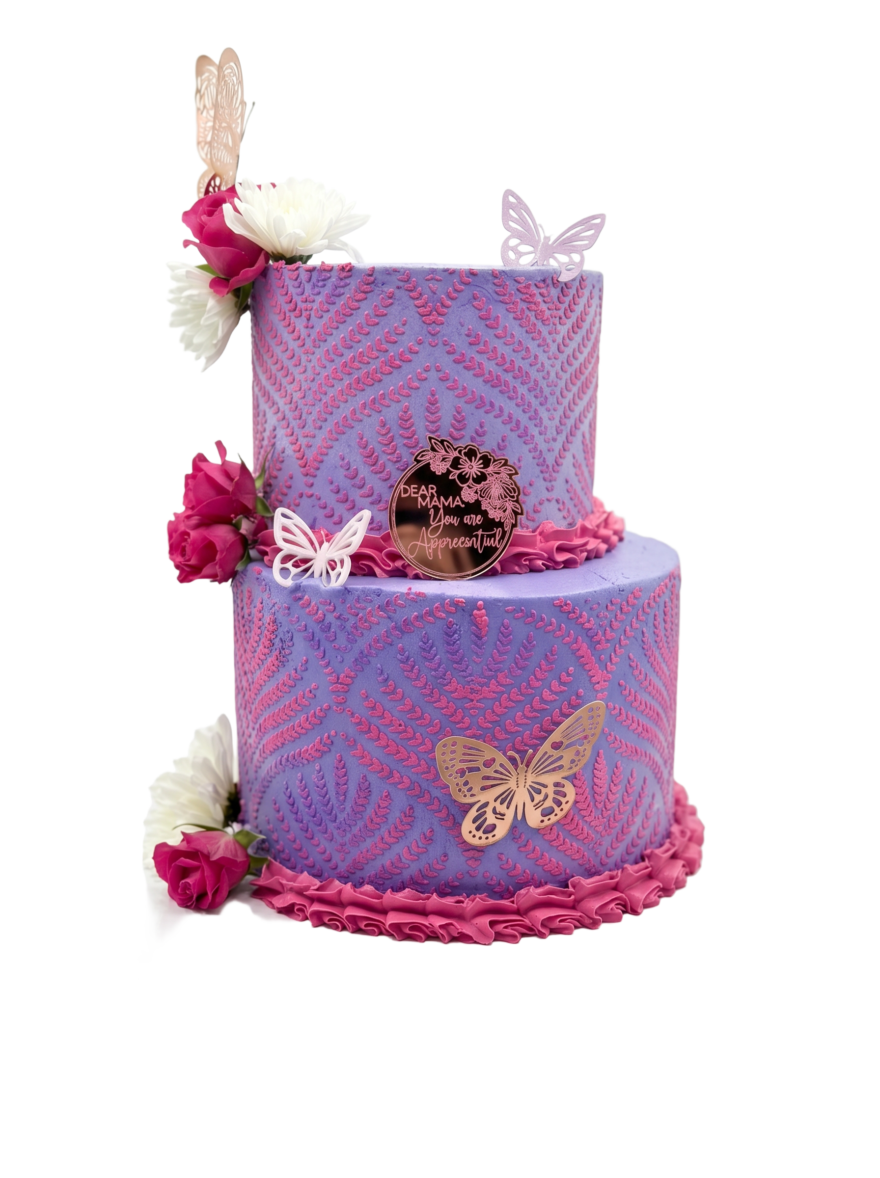 Two-tier purple and pink butterfly 'Dear Mama' cake with roses