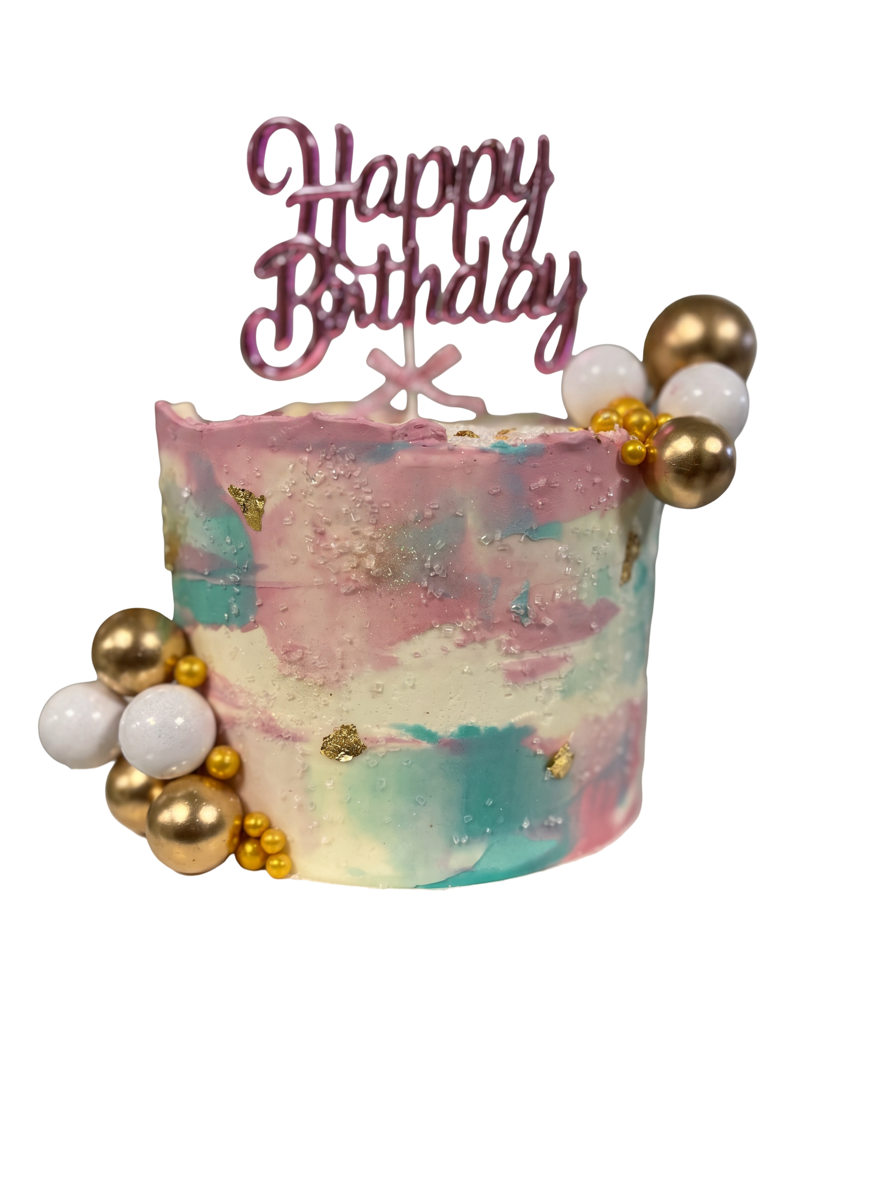 Pastel pink, teal and cream watercolor birthday cake with gold garland